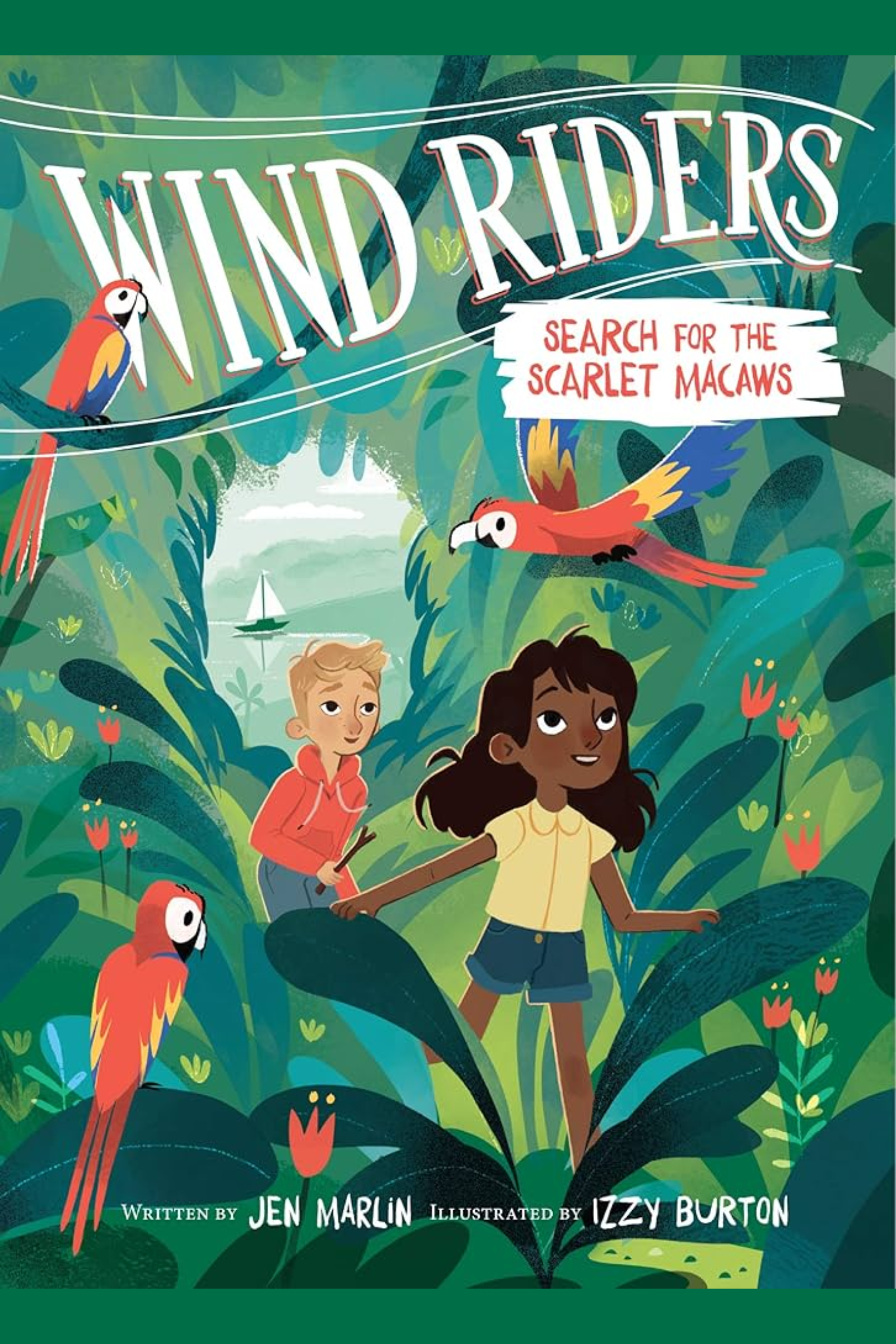 Wind Riders: Search for the Scarlet Macaws by Jen Marlin Cover image for the book titled Wind Riders: Search for the Scarlet Macaws by Jen Marlin. A Black girl in a yellow shirt and shorts and a white boy in a red hoodie push through a dense green jungle as red macaws fly around them.