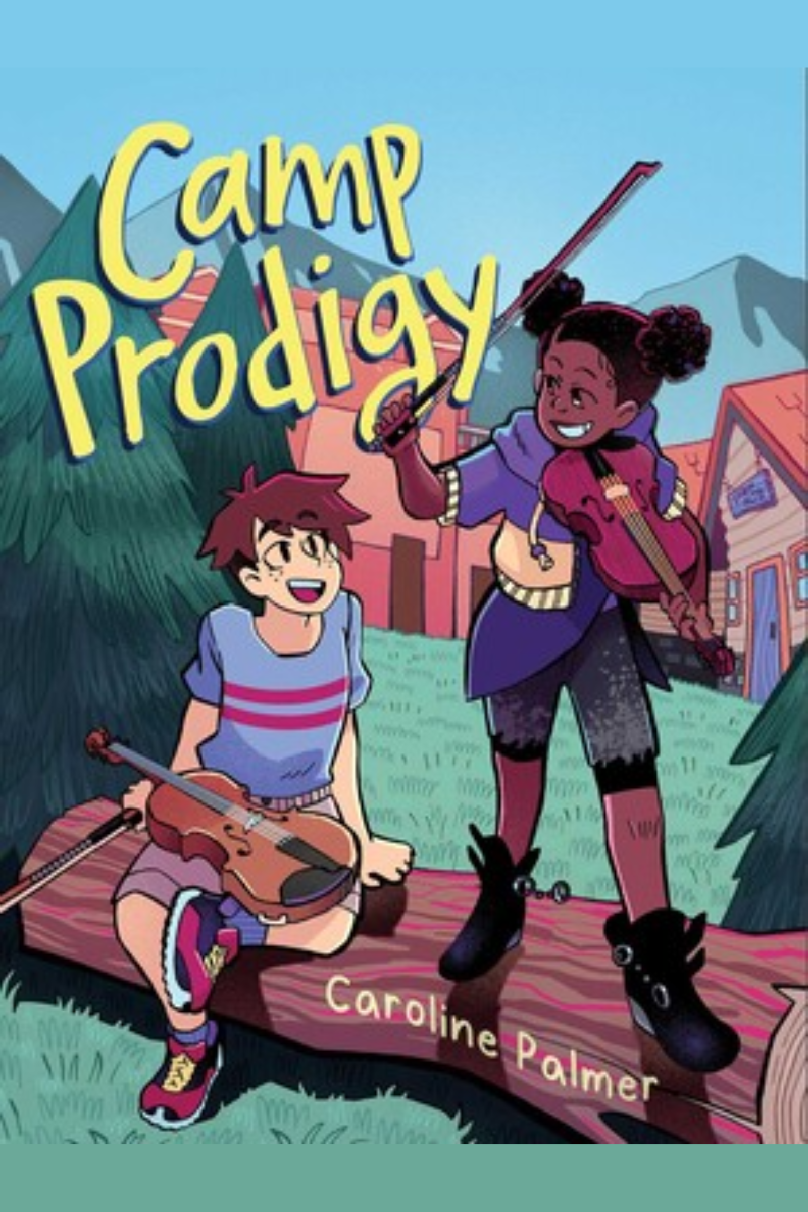 Cover image for the book titled Camp Prodigy by Caroline Palmer. A Black child with space buns holding a violin under their chin smiles down at a Caucasian child with short brown hair and a violin in their lap.