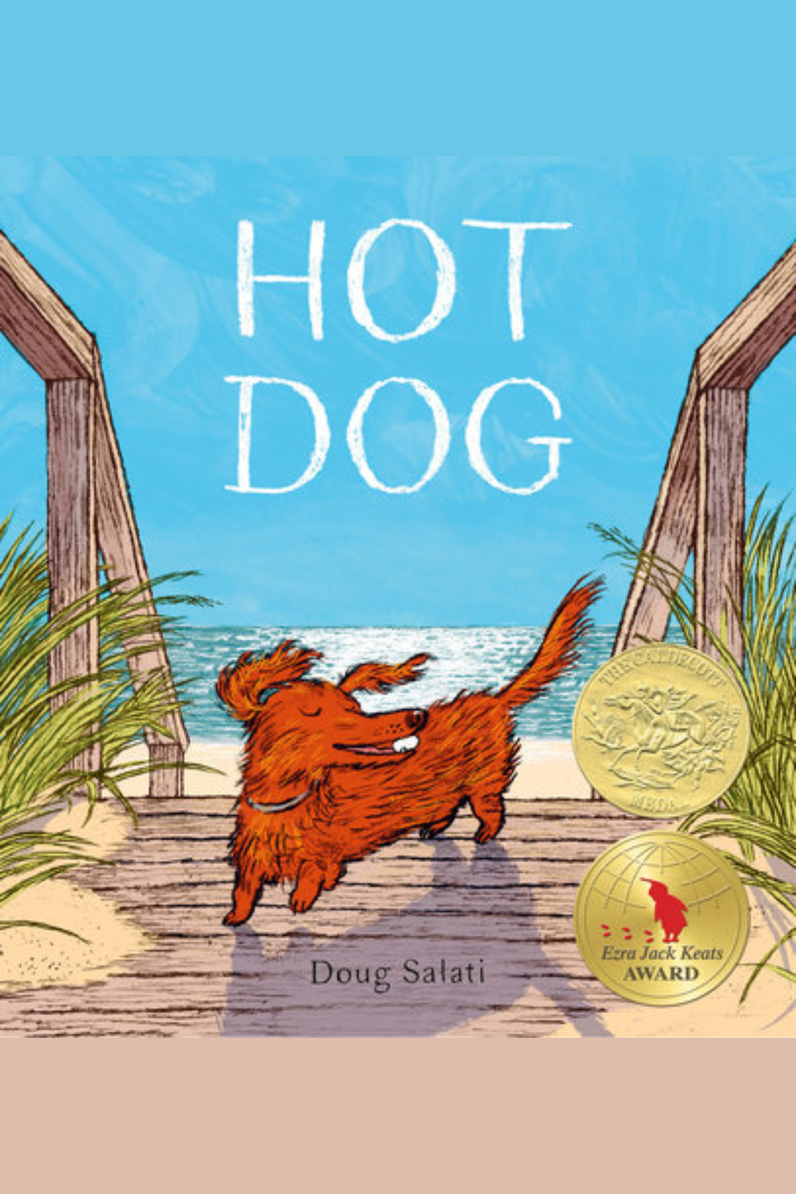 A light brown dachshund stands at the top of a wooden staircase leading down to the beach.