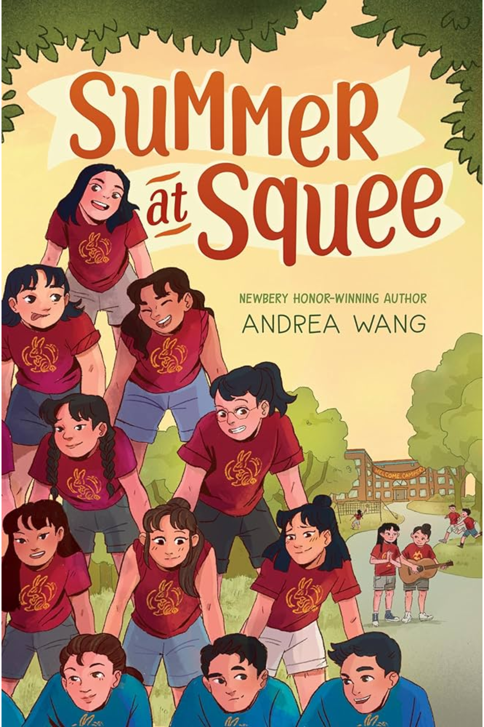 Cover image for the book titled Summer at Squee by Andrea Wang. A group of Chinese girls in red shirts make a human pyramid in a grassy area under a soft yellow sky.